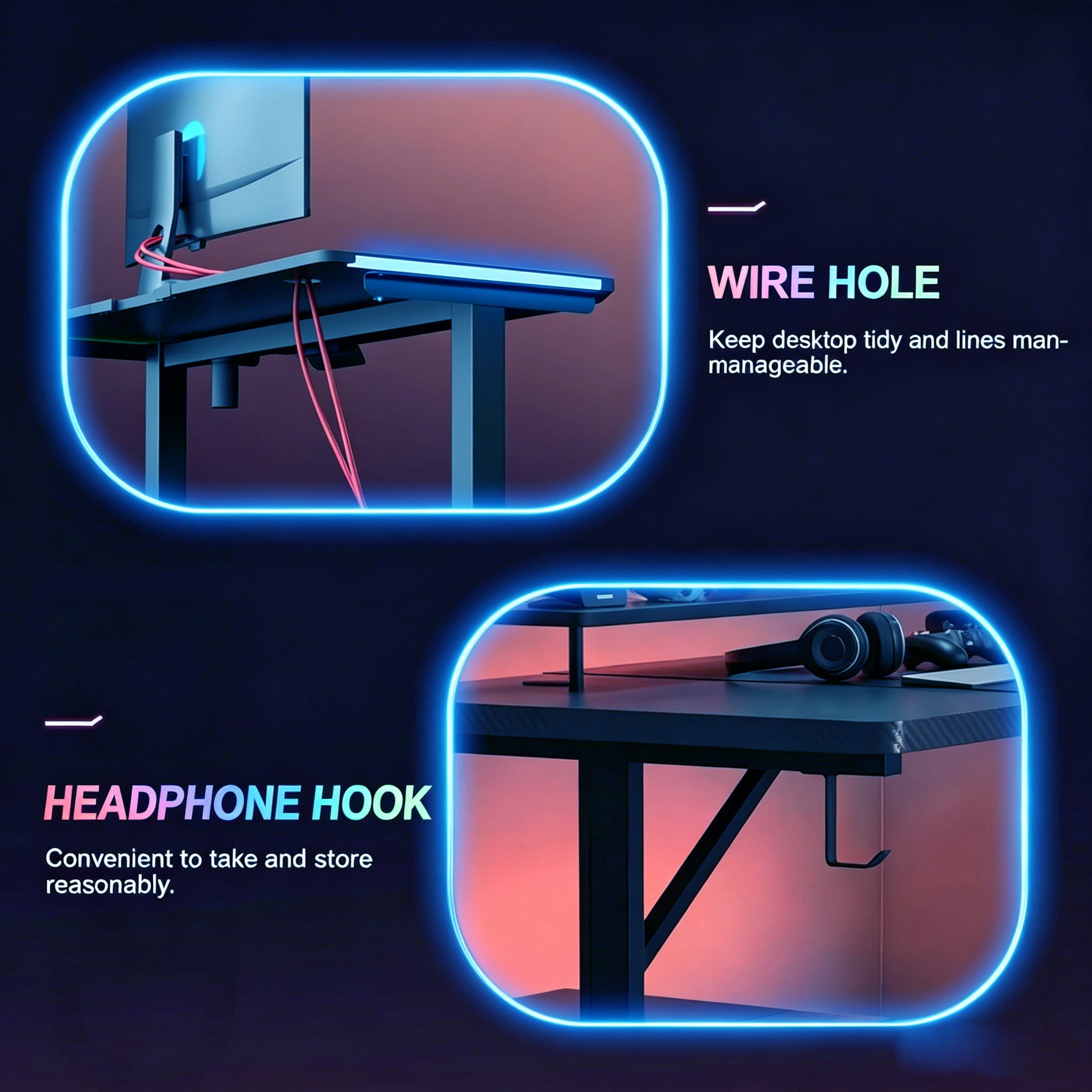 COMHOMA 55" Gaming Desk with Smart APP & Remote RGB Lights, Carbon Fiber Surface Computer Table with Full Mouse Pad & Headphone Hook, Black
