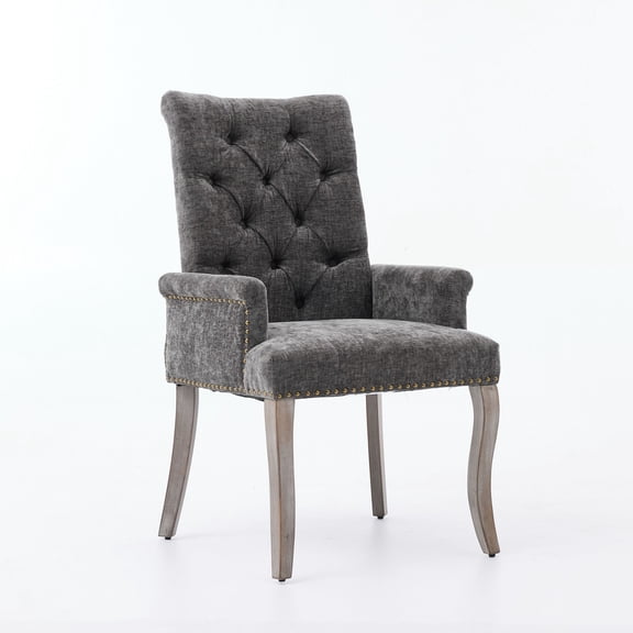 S-HOME Elegant Tufted Accent Dining Chair in Soft Chenille Fabric with Curved Solid Wood Legs, for Dining Room or Kitchen, Gray