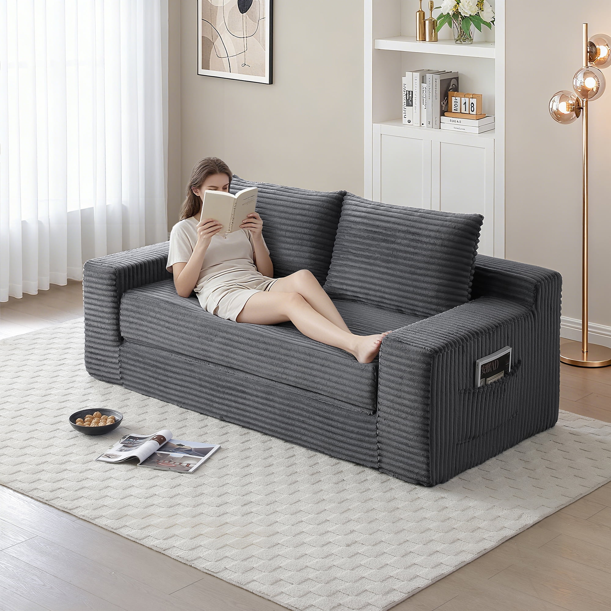 Miniyam Cloud Loveseat Sofa, 2 in 1 Convertible Folding Couch Bed, No Assembly Compressed Corduroy Floor Lounge Sofa for Apartment Office, Grey
