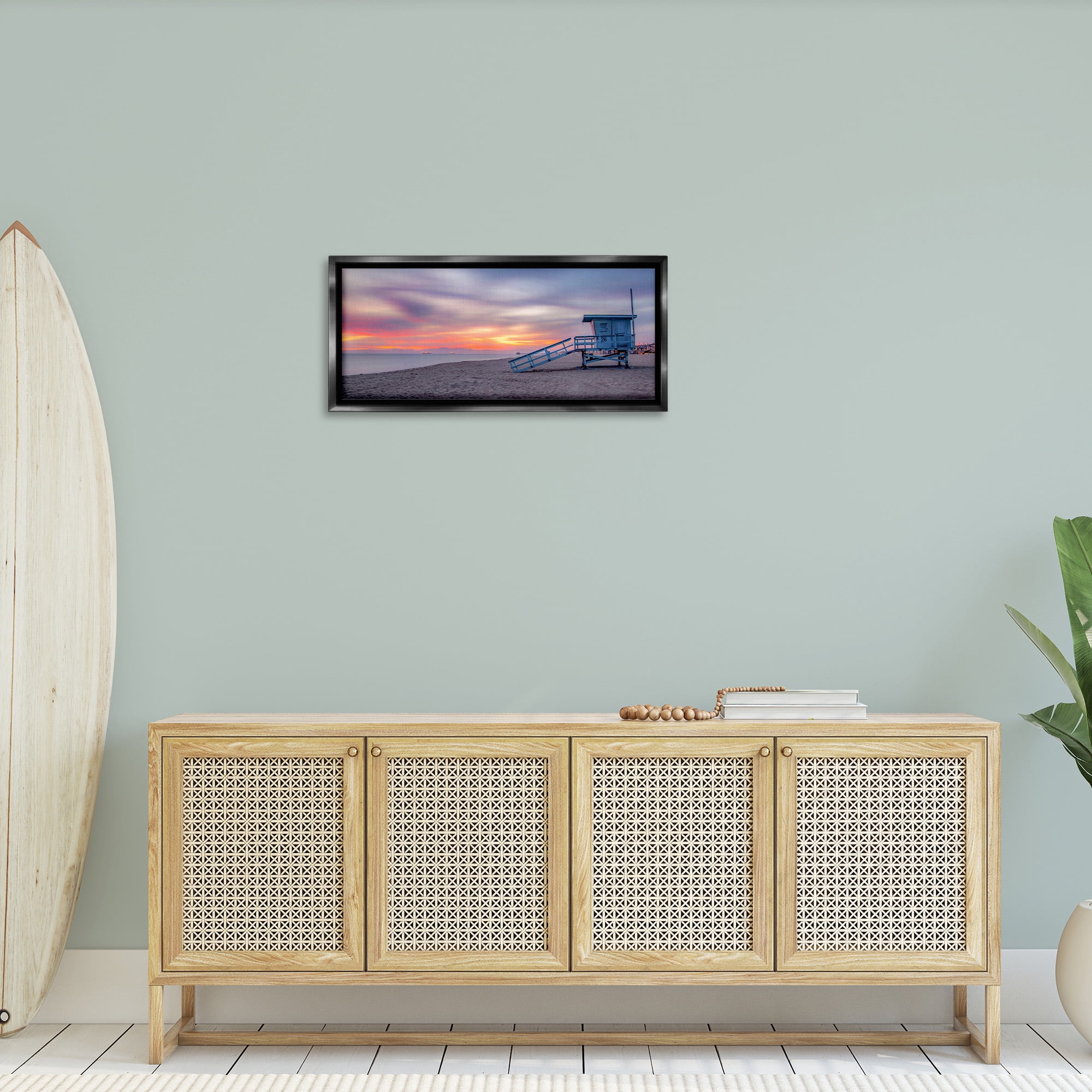 Stupell Industries Beach Hut Sunset Horizon Nature Photography Black Floater Framed Canvas Art Print Wall Art, 31 x 14
