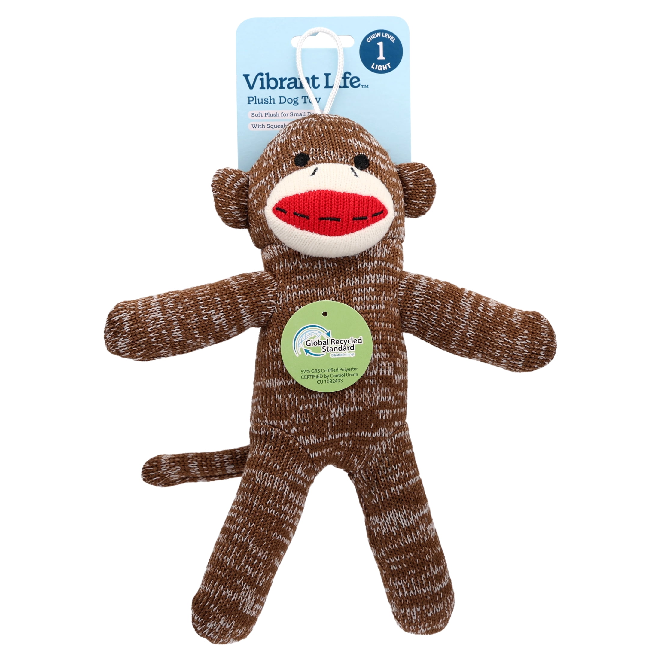 Vibrant Life Brown Sock Monkey Plush Dog Toy with Squeaker, Chew Level 1