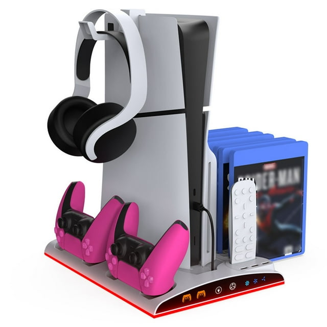 Support Vertical pour Ventilateur de Refroidissement pour PS5/PS5 Slim Édition Disque et Numérique avec 2 Stations de Recharge pour Manettes, Lumières DEL RVB, 13 Emplacements pour Jeux, Emplacement pour Télécommande Multimédia, Accessoires PS5
