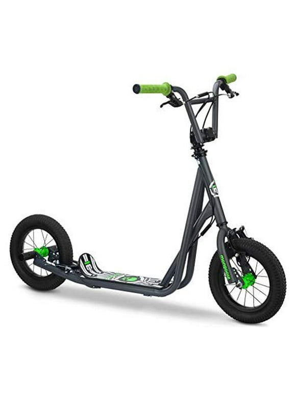 (P) Mongoose Expo Youth Scooter, Front and Rear Caliper Brakes, Rear Axle Pegs, 12-Inch Inflatable Wheels, Green/Grey
