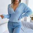 thumbnail image 2 of VISALY V Neck Pullover Sweater Ribbed Long Sleeve Tops Sweaters for Women Trendy Crewneck Long Sleeve Sweater Tops Fall Chunky Cable Knit Pullover Sweaters Sweater Shirts Pullovers Pullover Blue L, 2 of 5