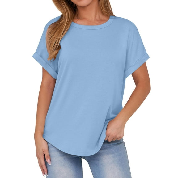 VBVC Women's Short Sleeve Crewneck Tops,Womens Oversized Casual T Shirts,Solid Color All Gender Blouse,*Blue,Size L