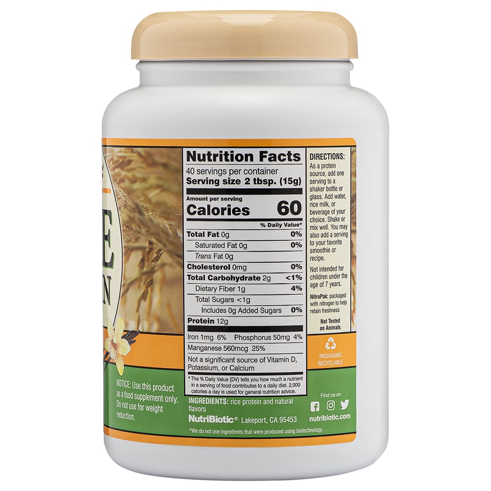 NutriBiotic Vanilla Rice Protein, Vegan Protein Powder, 1 Lb. 5 Oz (600g)