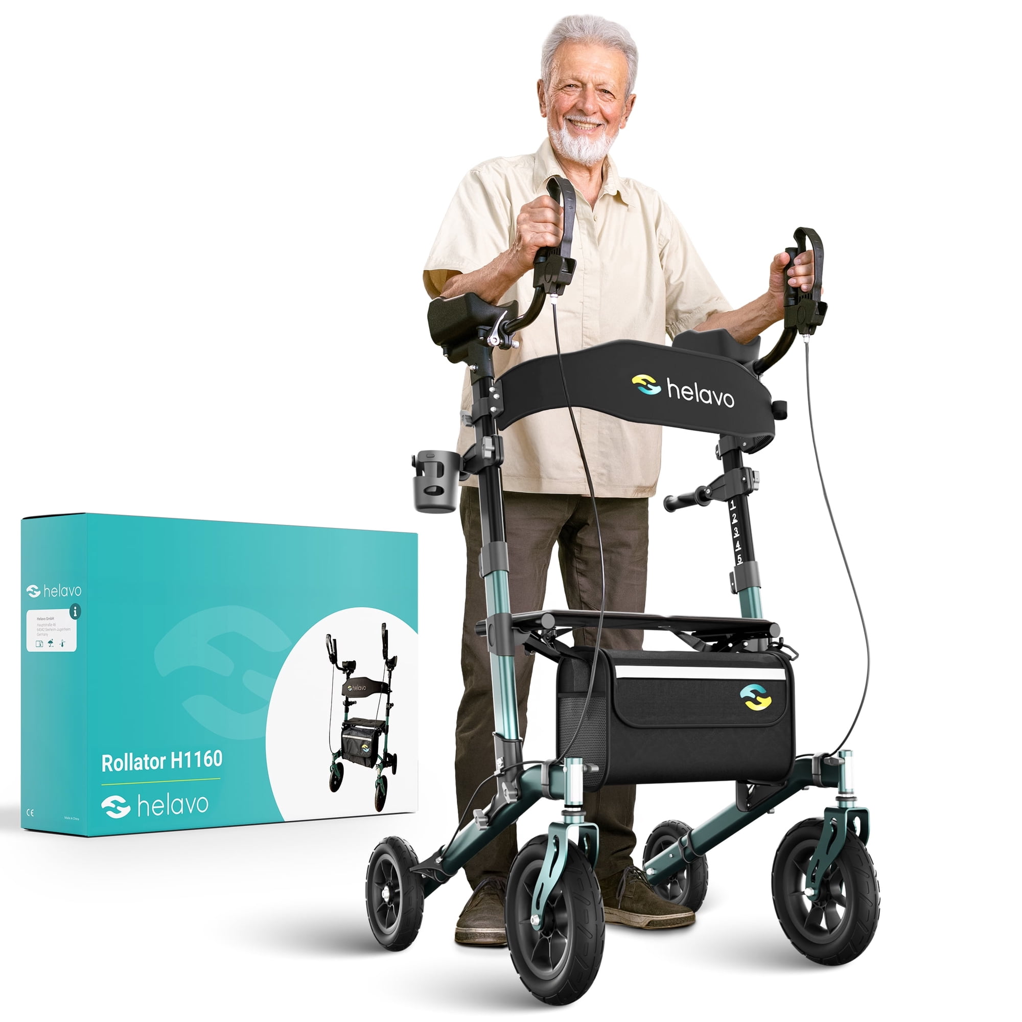 Helavo Outdoor Upright Rollator Walker with Seat, 300 lb Capacity, Padded Armrests