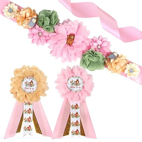 Pink Woodland Animal Baby Shower Maternity Sash Kit - Woodland Theme Baby Shower Belly Belt and Mom to Be & Dad to Be Corsage Pins, Pregnancy New Parents Photo Props Party Supplies