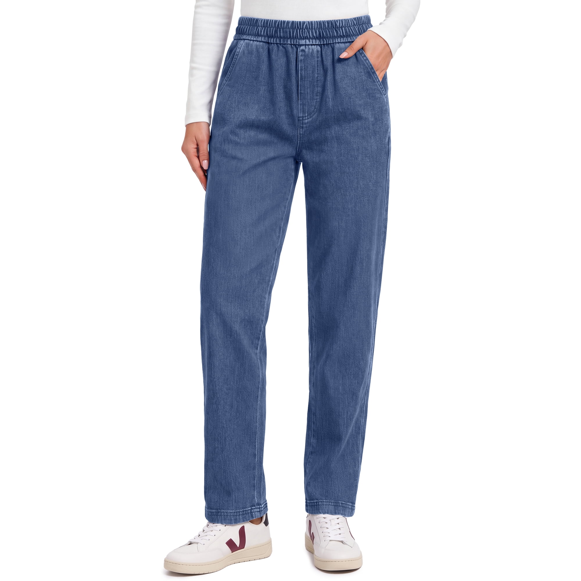 Fantaslook Pull On Jeans for Women Straight Leg Casual Pants Elastic Waist Denim Pants with Pockets