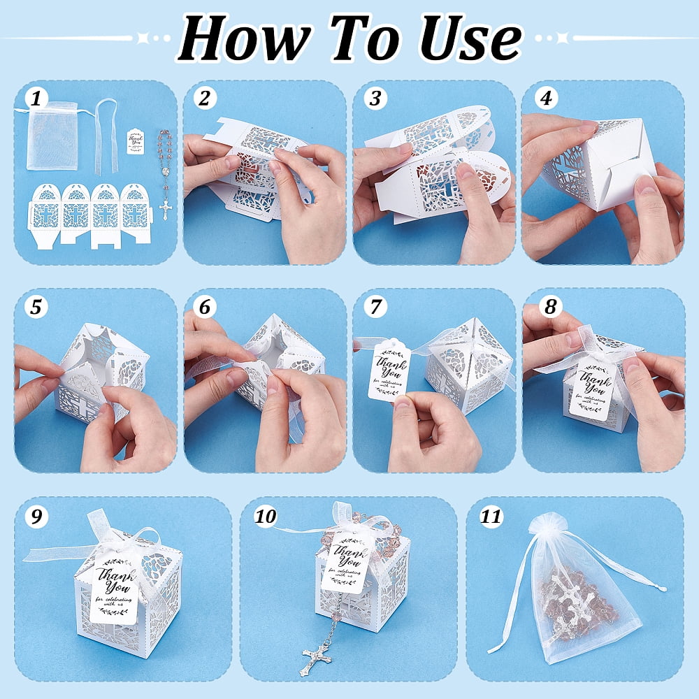 120PCS Baptism Favors Set Including 30 Mini Rosary Baptism Favors 30 Hollow Gift Boxes 30 Organza Bags 30 Thank You TagsDIY