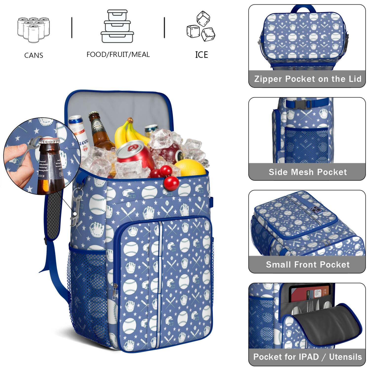 Travel Cooler Bag - Baseball Stars Pattern Camping Beer Cooler Backpack with Bottle Opener- Waterproof Insulated Picnic Backpacks - Cooler Bag for Beach