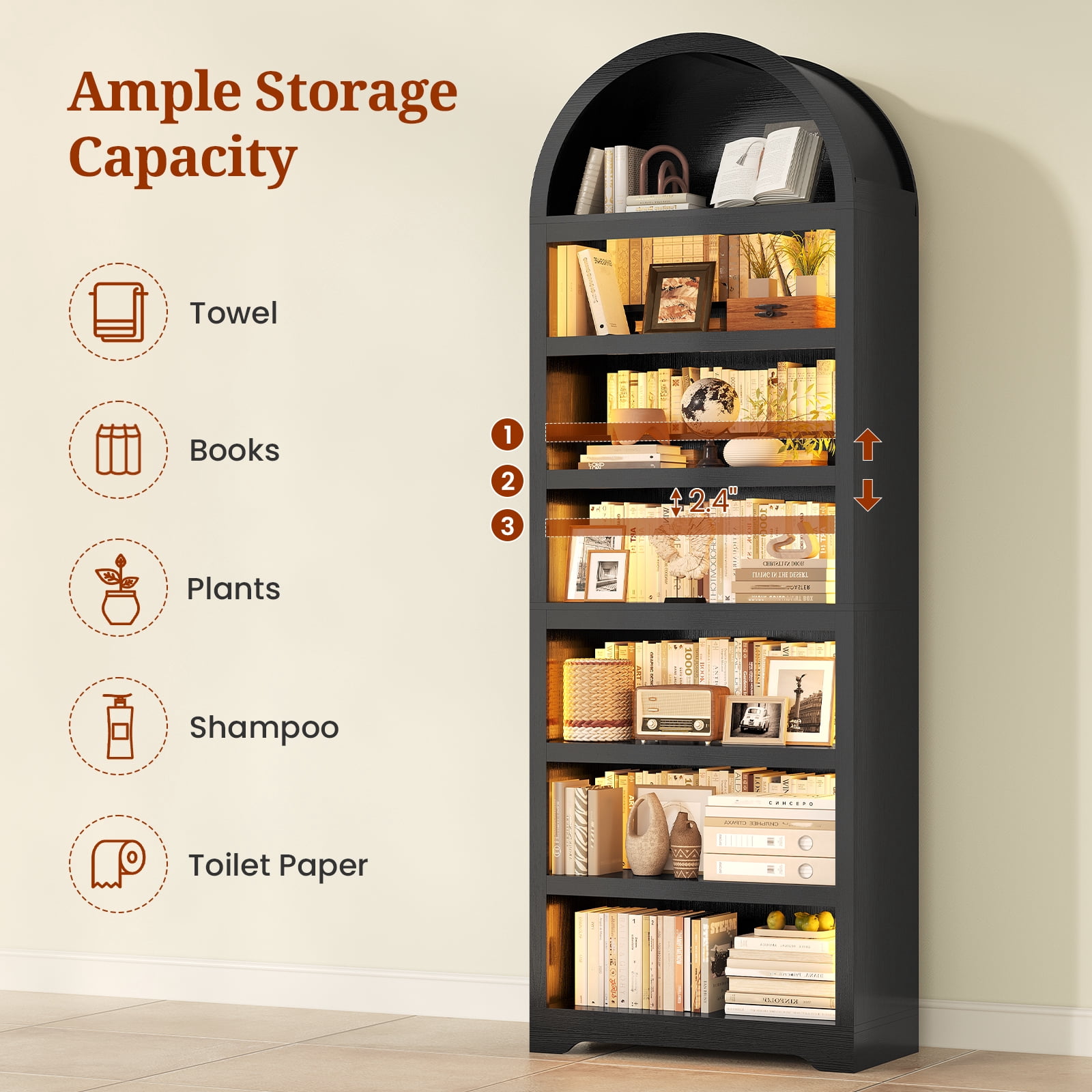 79.4" Tall Arched Cabinet, Modern 7-Tier Bookshelf with RGB Light and Adjustable Shelf for Living Room, Kitchen, Home Office, Black