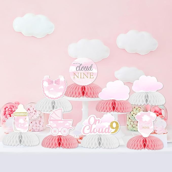On Cloud 9 Baby Shower Party Table Decorations 8pcs Cloud Baby Shower Honeycomb Centerpiece Double-sided Printing Pink Baby Shower Centerpieces for Tables Girl Cloud Nine Party Decorations