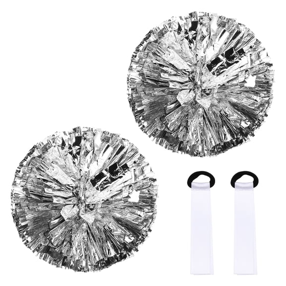 Pompones de Animadora Metálicos, Pompones de Animación con Mango de Bastón y Etiquetas de Nombre 14" & 2 Set & Plateado Brillante - para (Accesorios de Fiesta Deportiva/Equipo de Baile/Animación)