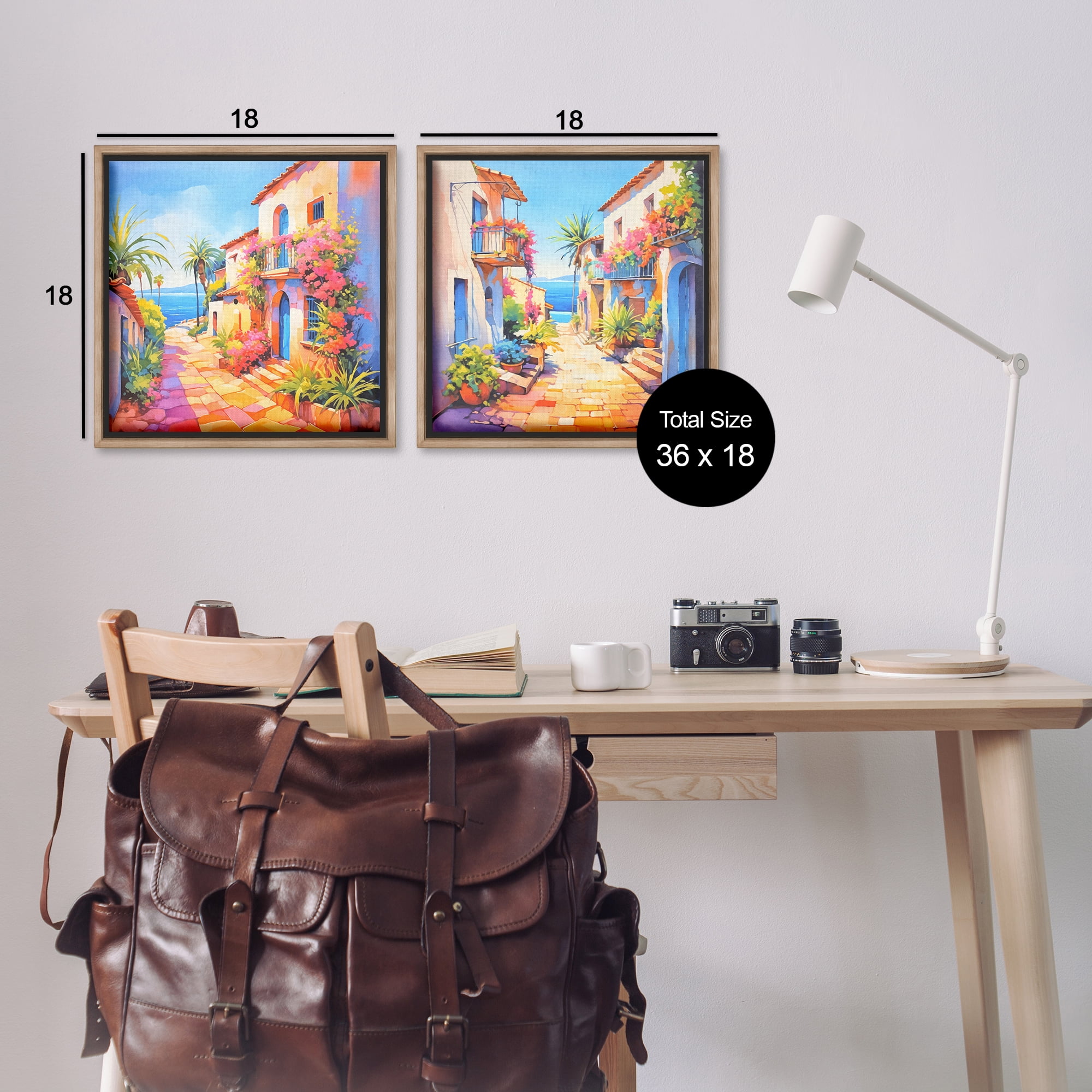 Stupell Industries Mediterranean Summer Island Vista Buildings & Architecture Painting Brown Floater Framed Canvas Art Print Wall Art, 18 x 18, Set of 2