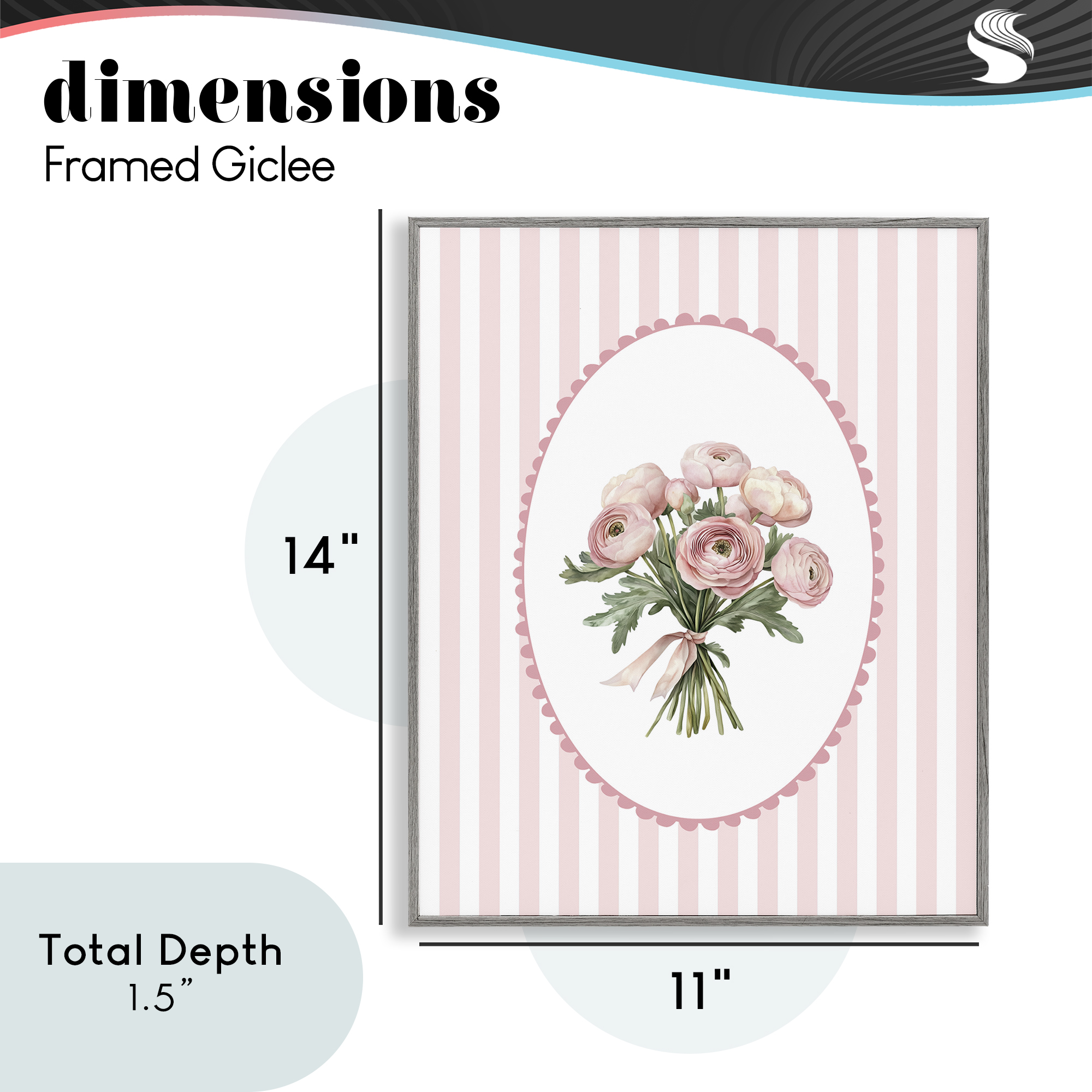Peony Bouquet on Gentle Stripes Gray Framed Giclee Art, design by Christine Simpson Art