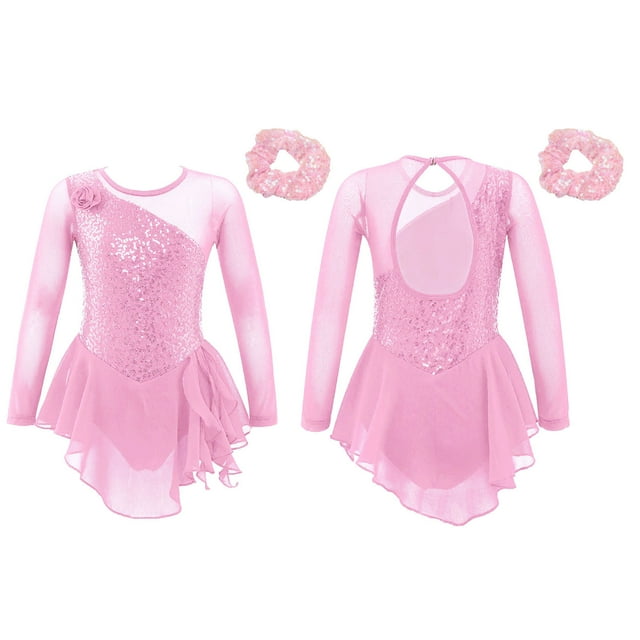 Yanarno Robe de Patinage Artistique à Sequins pour Filles, Robe de Danse Lyrique en Maille, Jupe de Gym, Justaucorps Rose 12