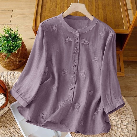 Dpjklzsn Women's Cotton Linen Embroidered Blouse, 3/4 Sleeve Button Down Shirt, Loose Fit Casual Summer Top