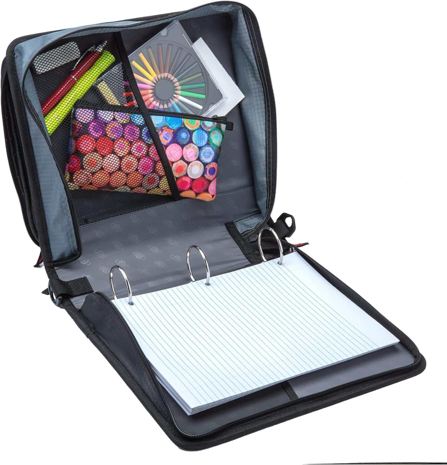Case-It 2 Inch 3 D-Ring Zipper Binder with Padded Laptop Case Workstation, Shoulder Strap, LT-117, Black