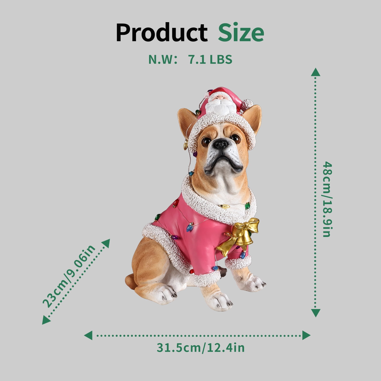 French Bulldog Pink Santa Outfit Christmas Dog Statue with Light Details Holiday Tabletop Decor