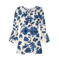 thumbnail image 4 of PuLe Women's Top Womens Bell Sleeve Tunic Tops Vintange Print Button Vneck Tshirts Pleated 3/4 Sleeves Tees Flowy Casual Tunics Blouse, 4 of 5