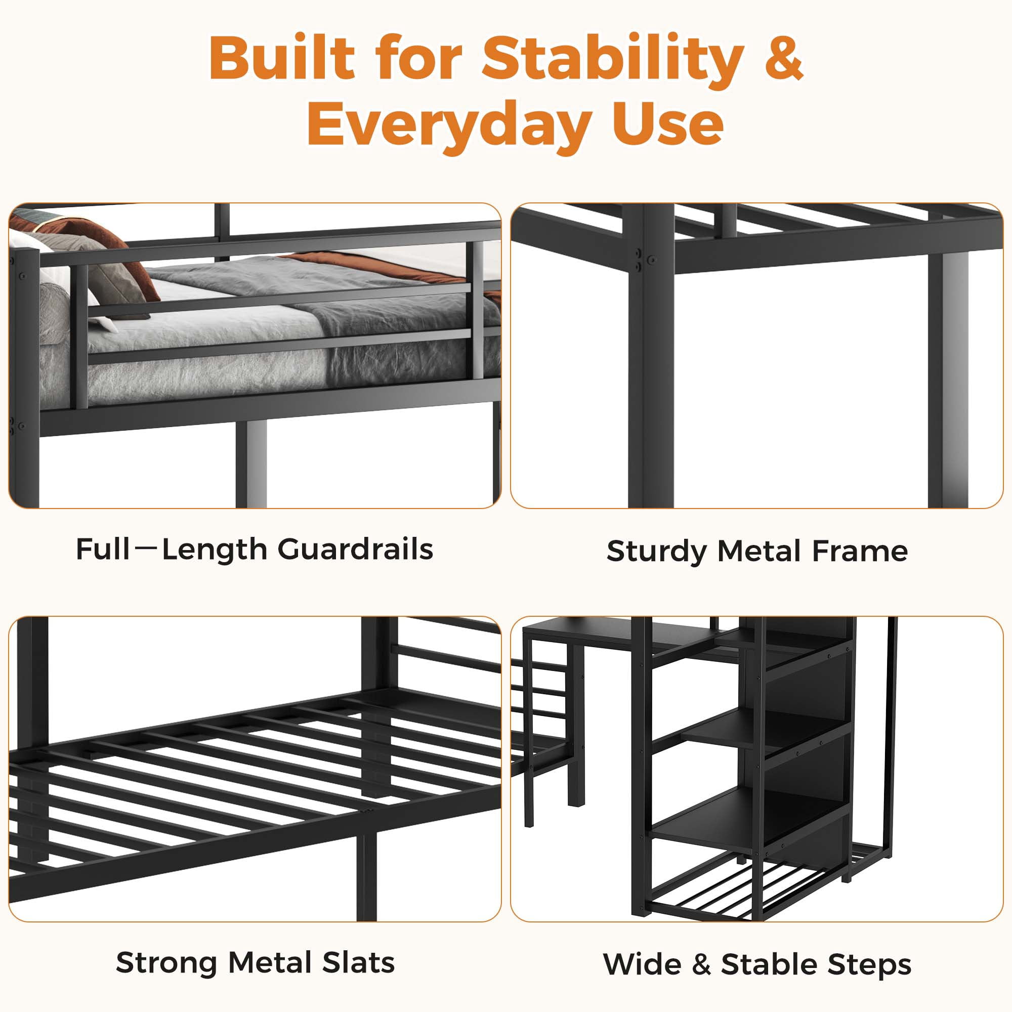 Miniyam Twin Over Twin Bunk Bed with Storage Stairs, Gaming Desk, LED Light and Power Outlet, Black