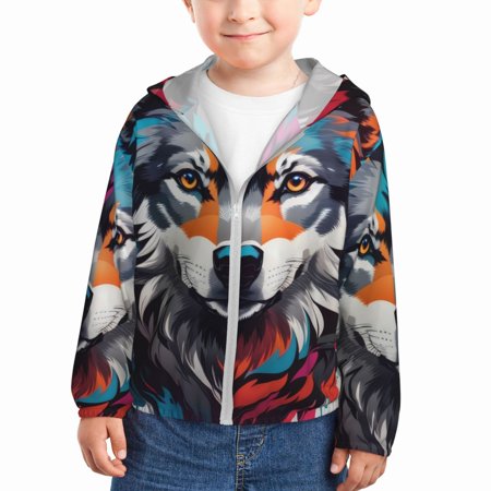 

Vsdgher Tie-Dye Wolf Head Kids Sun Protection Hoodie with Zip Rash Guard Tops Children s Long Sleeve Sun Protection Clothing - 4 Years