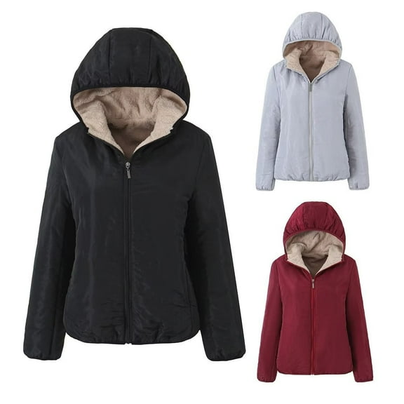 Jinhomg Winter Puffer Coat for Women 2026 Thermal Comfy Fleece Lined Hoodies Lightweight Casual Solid Long Sleeve Full-Zip Jacket Daily Wear Black L