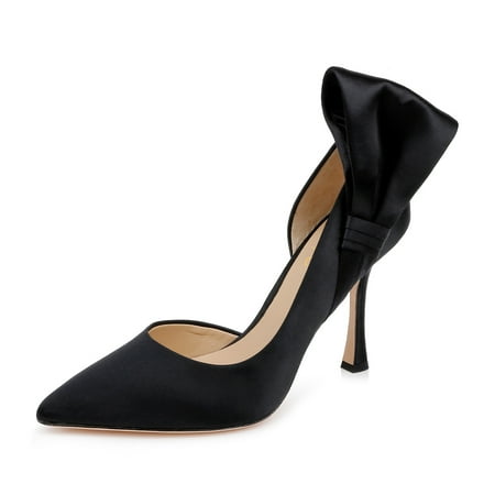 XYD Women Graceful Pointed Closed Toe Bow Side Pumps Stiletto High Heels Slip-on D Orsay Elegant Bridal Ladies Shoes Size 4 Black