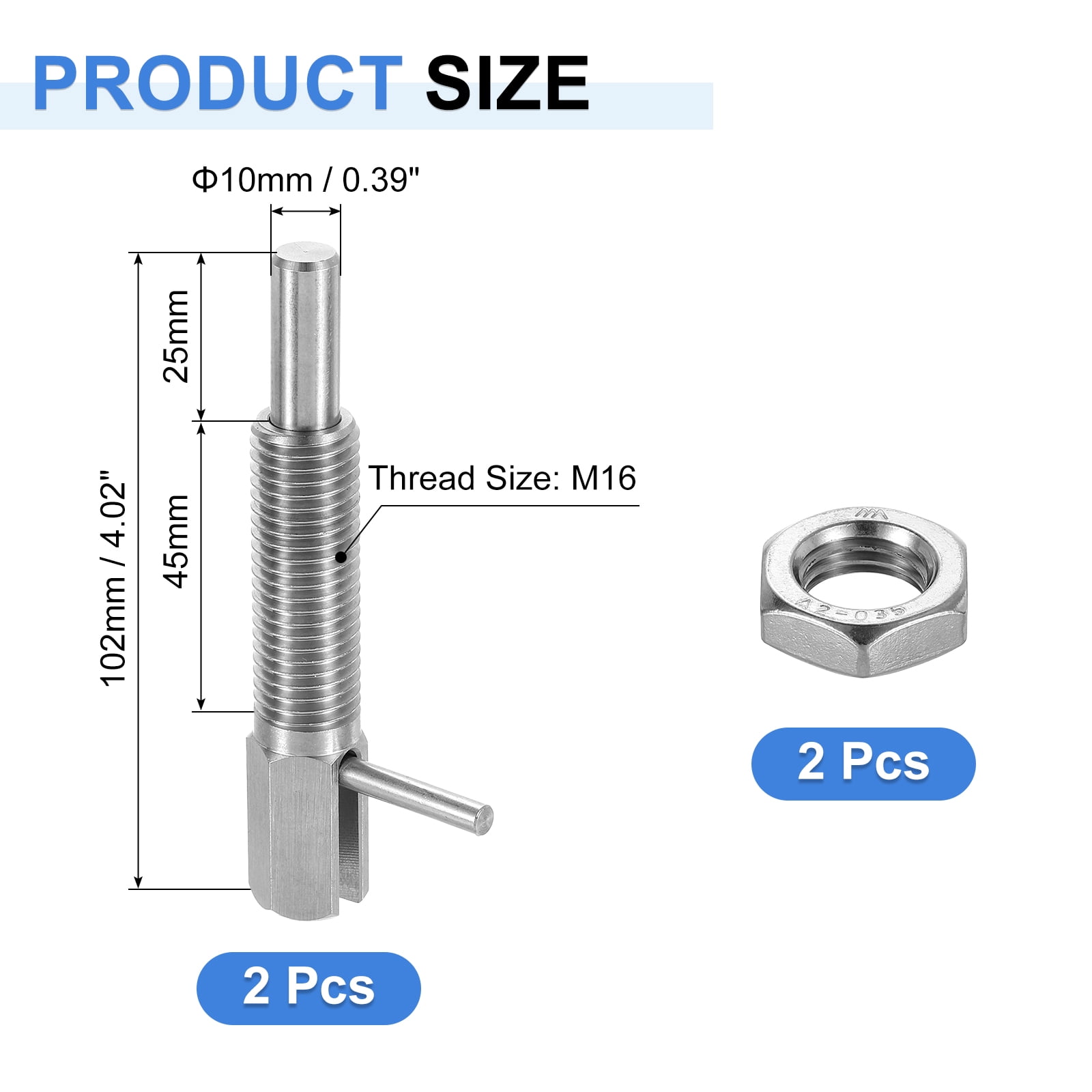 Uxcell Retractable Indexing Plunger Pin, l Spring Plunger Stainless Steel Spring Loaded Latch Telescopic Locking Pin with Nut 2 M16
