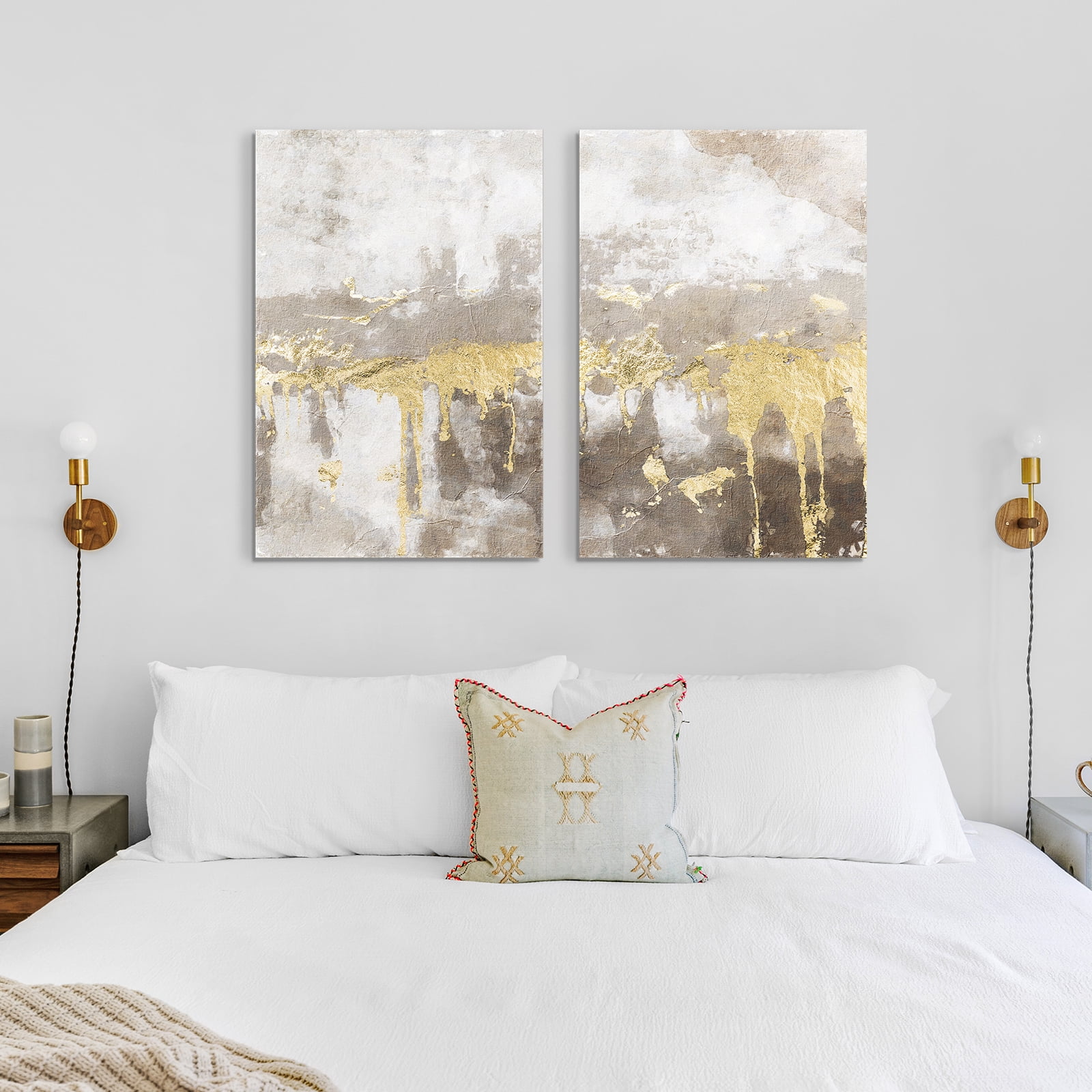 ArtbyHannah 2 Pieces 16x24 inch Modern Abstract Framed Canvas Wall Art Set with Gold Foils for Living Room Ready to Hang