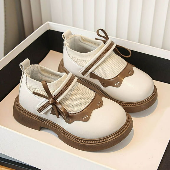 Girls Beige Mary Jane Shoes, Kids Big Kid (2.5-11.5Y) PU Faux Leather Bow Shoes, Non-Slip Sole Adjustable Strap Comfortable US Size 8.5-13.5,Size 27