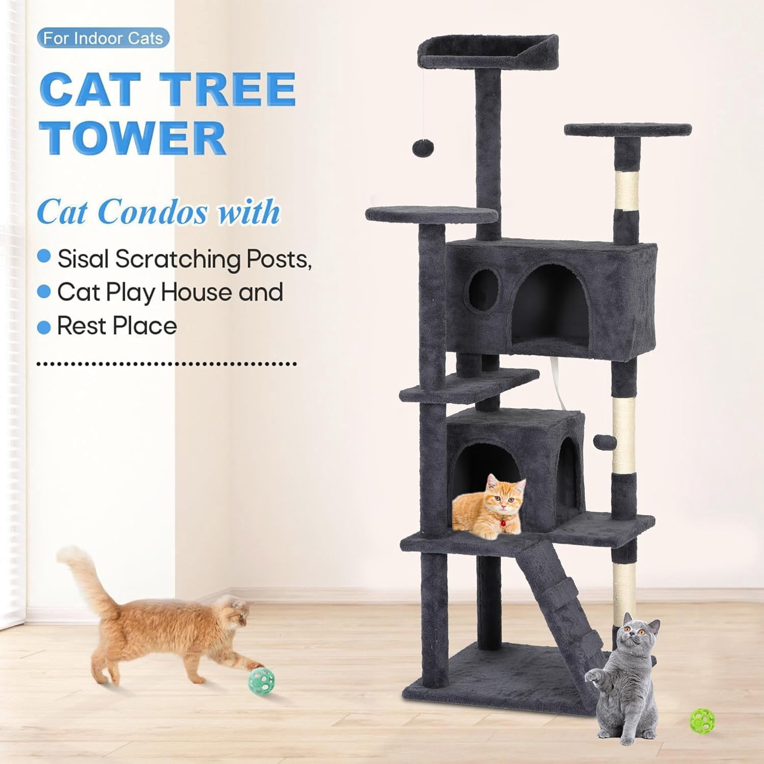 FDW 60 inch Dark Gray Cat Tree Tower, Cat Condo with Scratching Posts & Toys for Active Cats