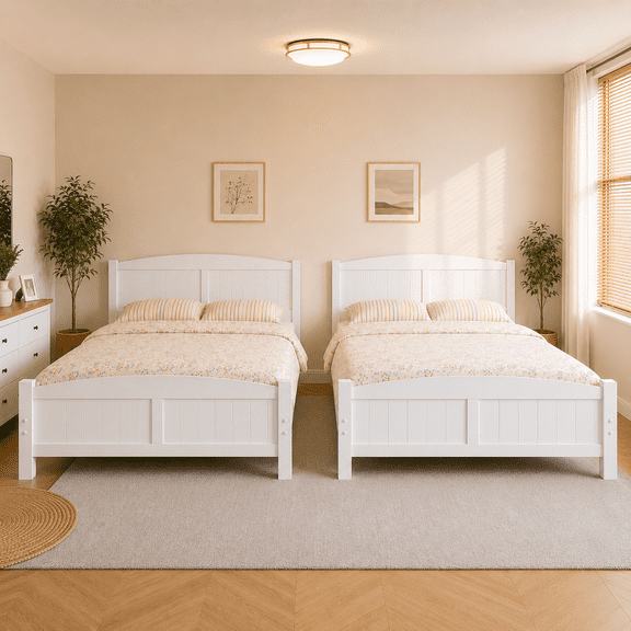 Zimtown Queen Set of 2 Bed Frame,Wood Platform Bed Frame, Bedroom Queen Bed with Headboard for Adults, White