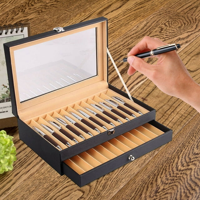 Pen Display Box Leather Flannel Pen Organizer Box,Glass Pen Display Case Storage Box with Lid,Top Glass Window Two Level Display Case with Drawer Pen