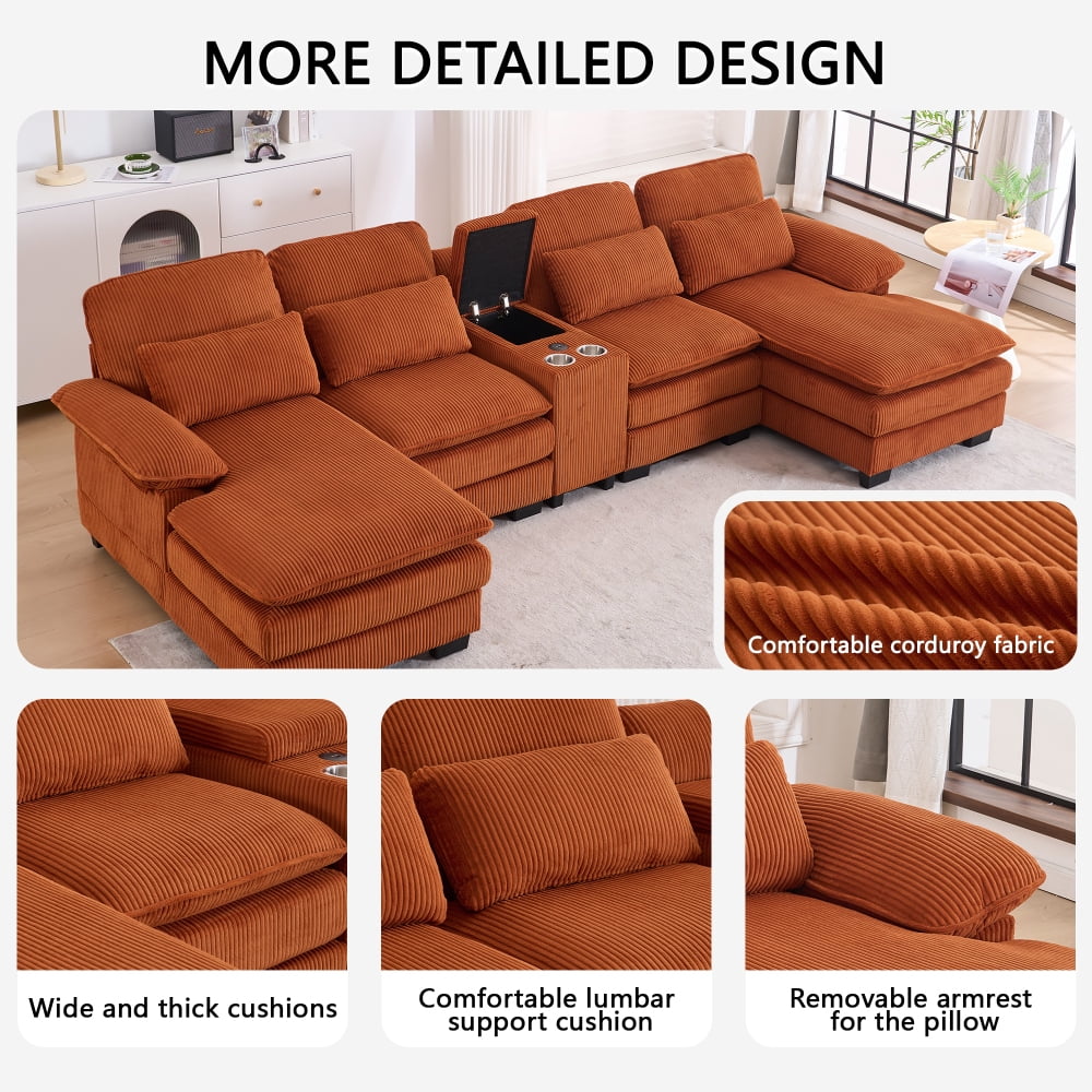 124" U-Shaped Modern Sectional Sofa w/ Console, Cup Holders & Pillows,  Comfortable Seating