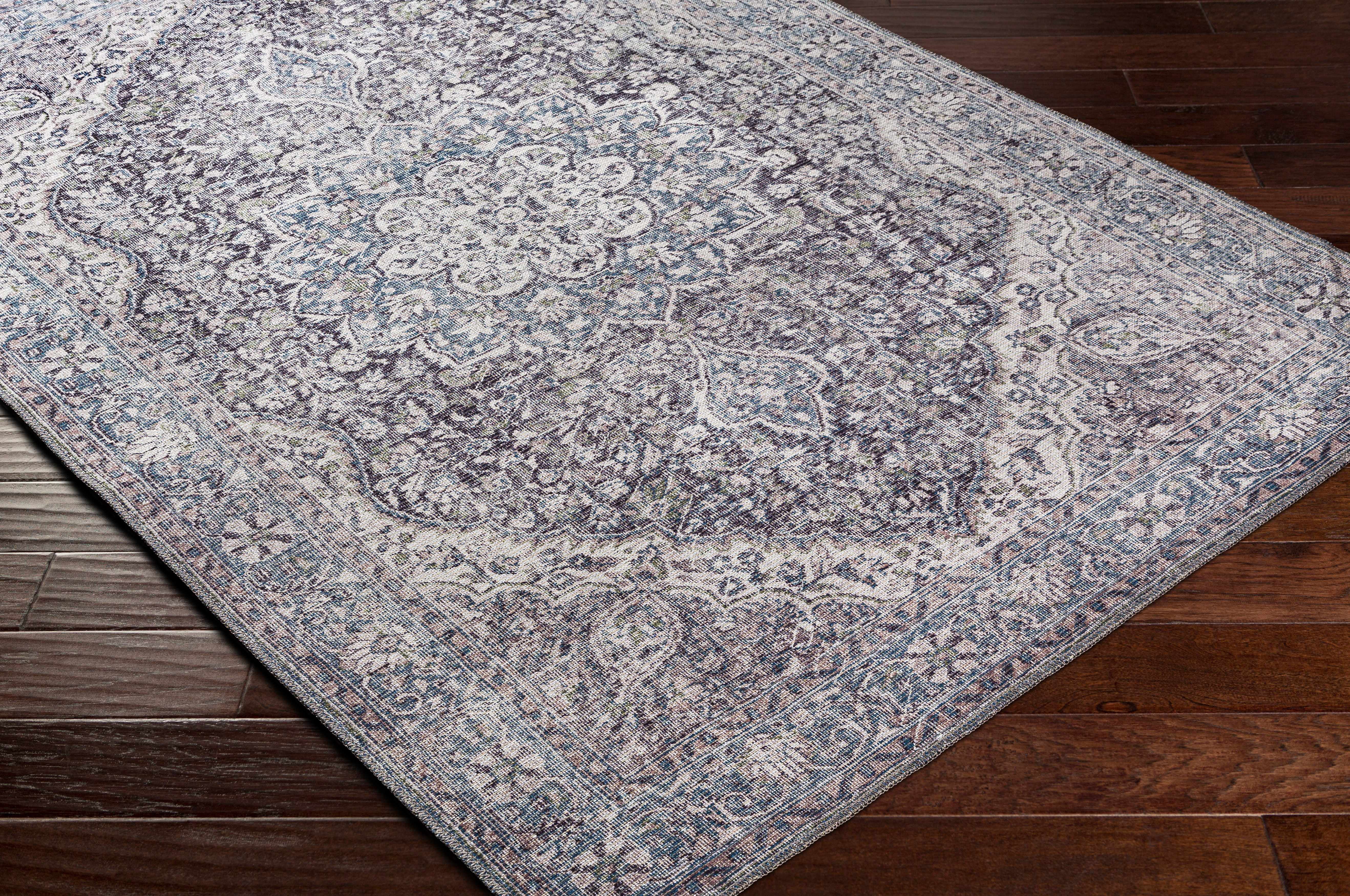 Hauteloom Tavas Machine Washable Area Rug - Oriental Traditional Medallion - Bohemian Vintage Distressed Carpet - Grey, Blue - 9'3" x 12'