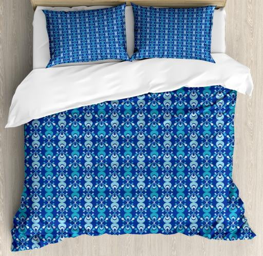 Blue King Size Duvet Cover Set Scribble Style Ethnic Pattern With