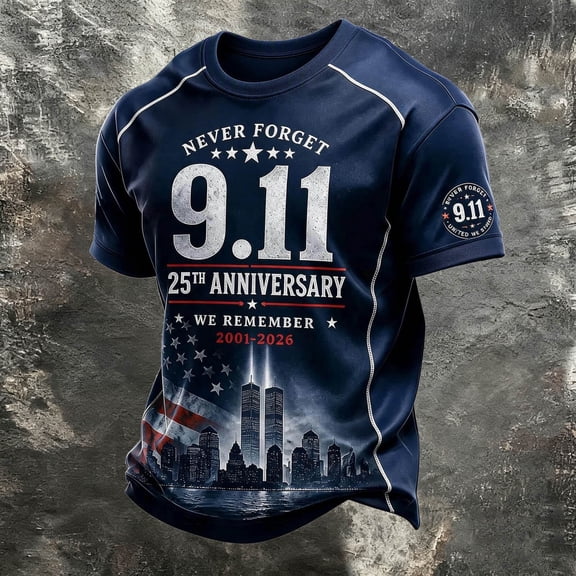 Xneal 911 25th Anniversary T-Shirt Short Sleeve Casual Never Forget 911 Print Blue Shirts for Men Size 2XL