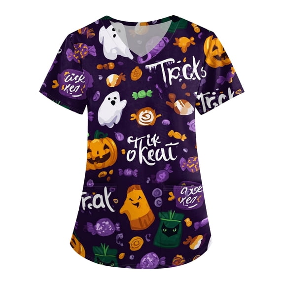 Halloween Womens Scrub Tops Funny V Neck Horror Pumpkin Ghost Printed Scrub Shirts Spooky Short Sleeve Scrubs Medical Nurse Workwear Nursing Uniform with Pockets, 4XL