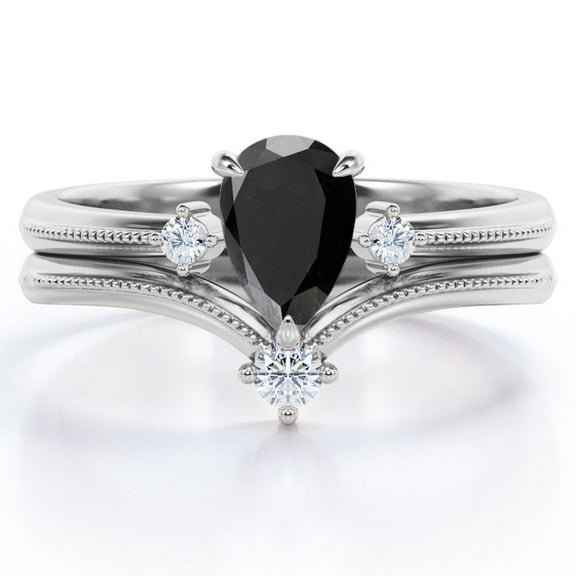 JeenMata V-Shaped Milgrain Edge 1.05 Carat Pear Shaped Lab Created Black Diamond and Moissanite Open Wedding Set in 18K White Gold Plating over Silver