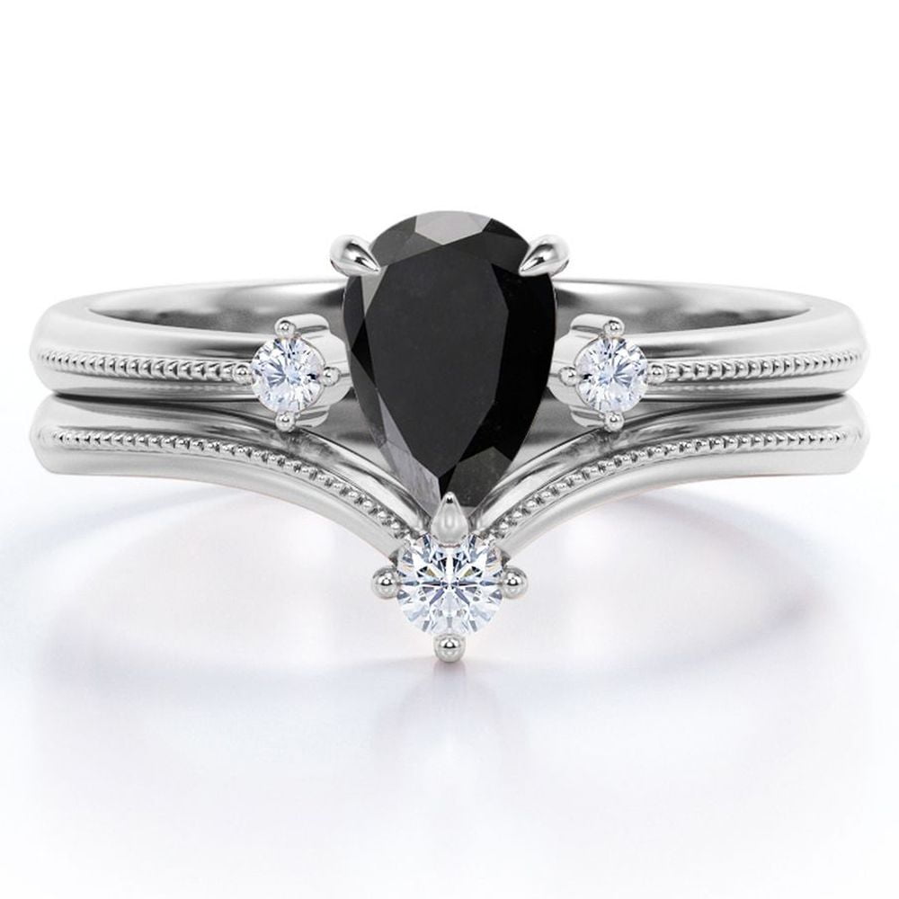 JeenMata V-Shaped Milgrain Edge 1.05 Carat Pear Shaped Lab Created Black Diamond and Moissanite Open Wedding Set in 18K White Gold Plating over Silver