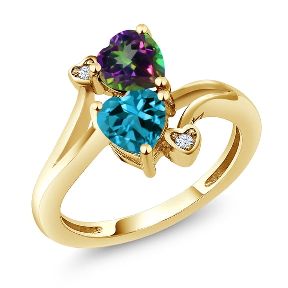 Gem Stone King 18K Yellow Gold Plated Silver Green Mystic Topaz London Blue Topaz Ring for Women (1.93 Cttw, Heart Shape 6MM, Gemstone Birthstone, Size 5)