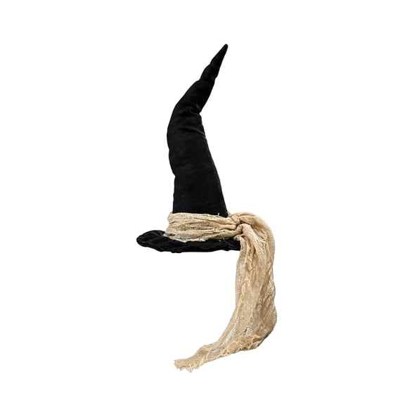 Vintage Distressed Witch Hat Decor, Black Fabric Wizard Hat with Frayed Scarf, Primitive Tiered Tray Mantel Shelf Ornament for Halloween Styling