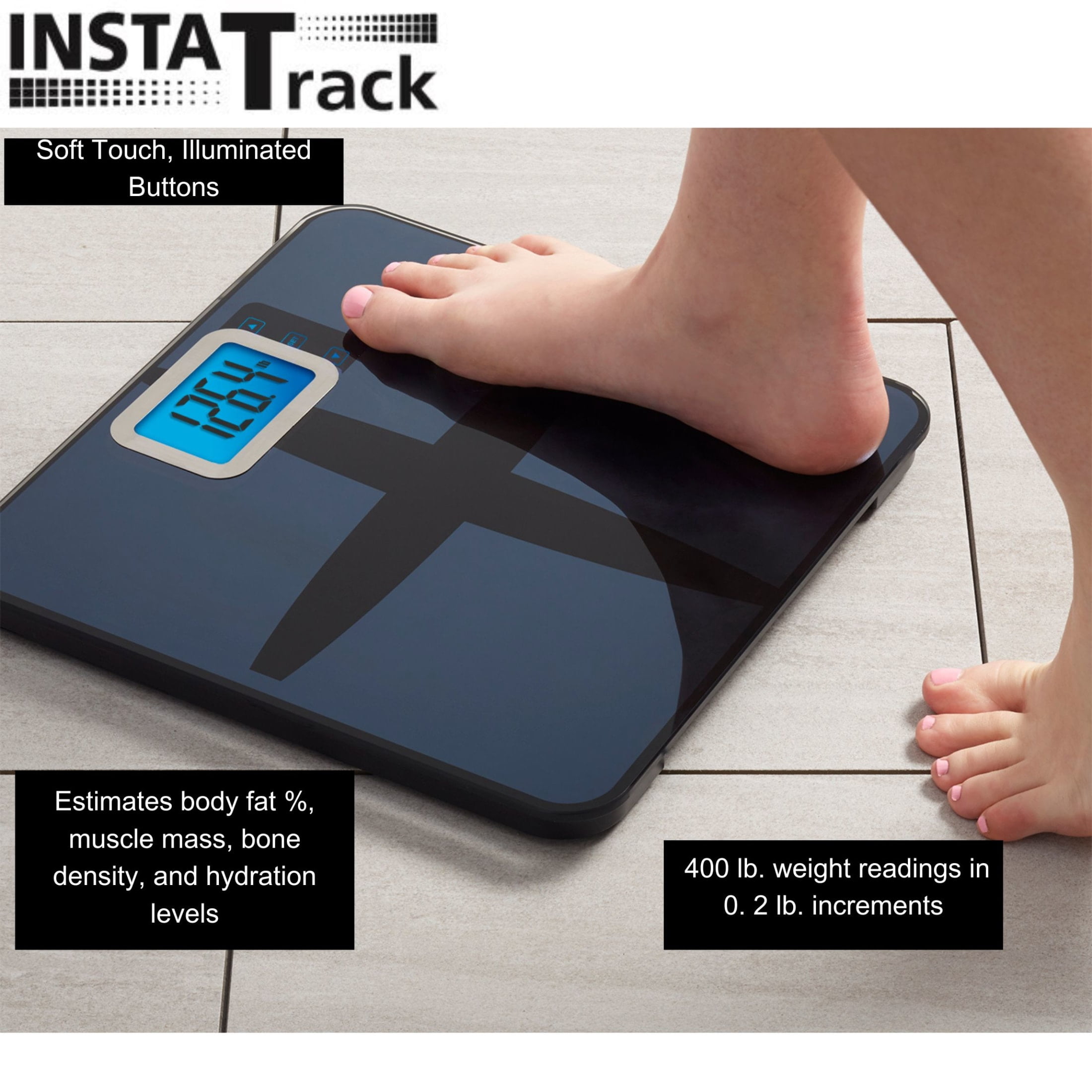 InstaTrack Digital Fat/BMI Bathroom Scale with High Precision Sensors Large Display Accurately Measures Body Water, Muscle Mass, and Calorie Estimator, Blue
