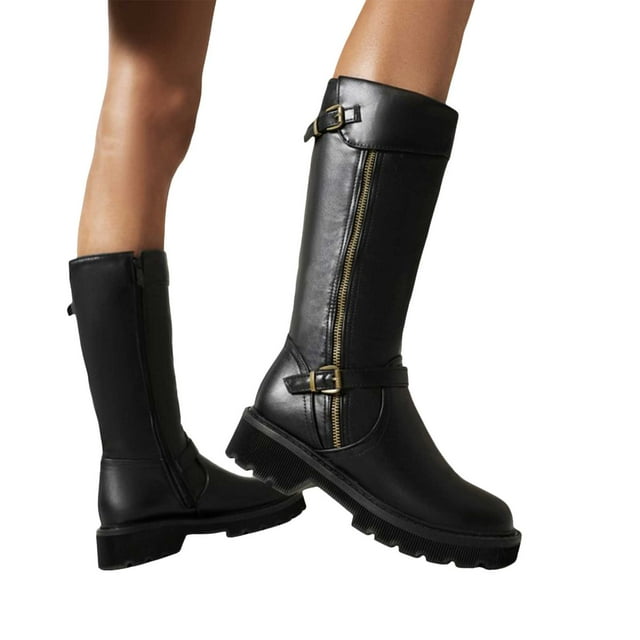 Womens Platform Mid Calf Motorcycle Riding Boots Fashion Casual Leather Side Zipper Buckles Chunky Tall Cowboy Combat Boots