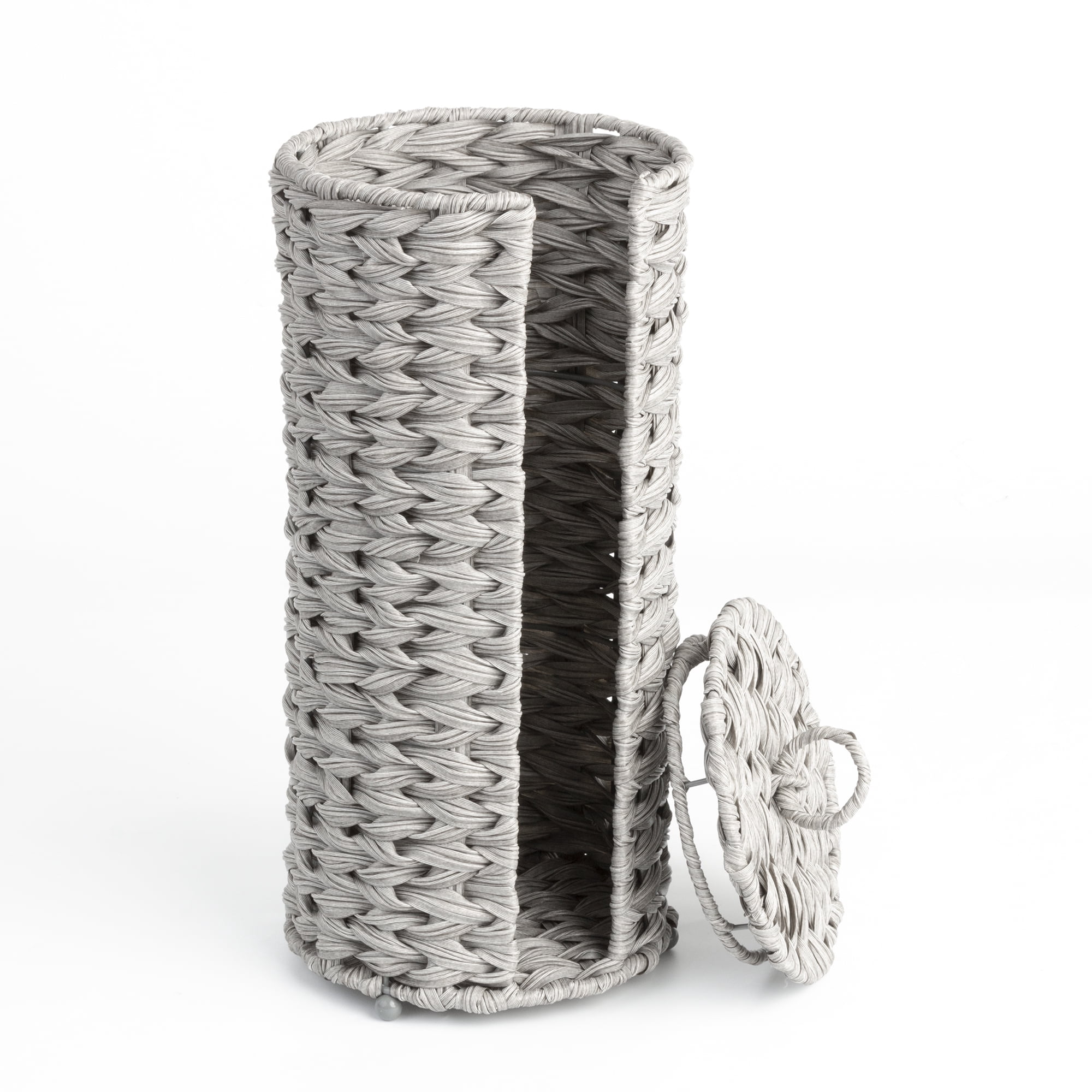 Freestanding Toilet Paper Holder with Lid, Wicker Toilet Roll Holder, Bathroom Storage Basket, Round, Gray