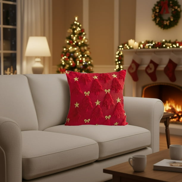 Cojín Decorativo Bordado con Árbol de Navidad y Copos de Nieve | Cojín Rojo Suave para Sofá de 45 X 45 Cm | Decoración Festiva para Sala de Estar | Poliéster | 1 Cojín