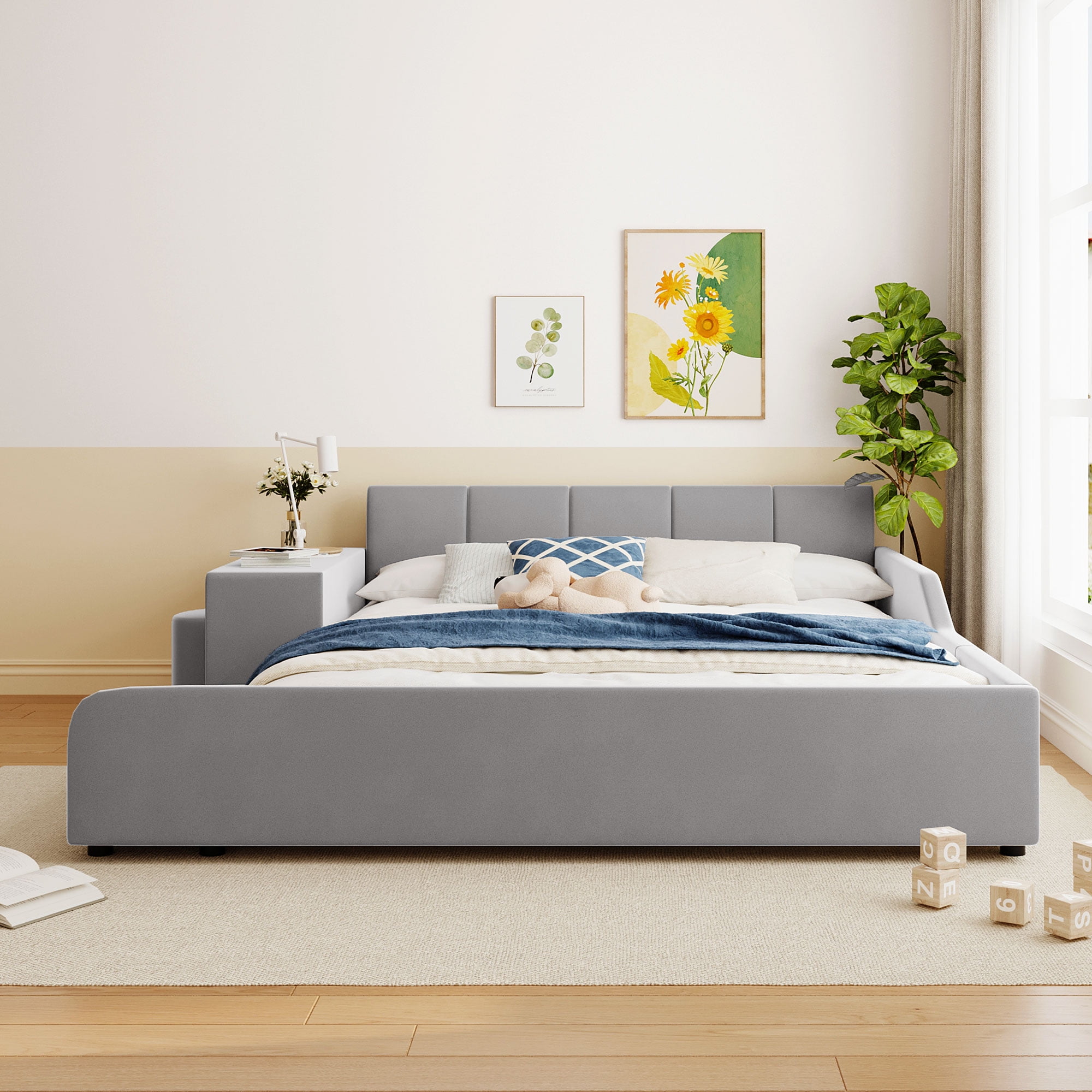 Aukfa Queen Size Mother & Child Bed Frame, Velvet Upholstered Platform Bed with Bedside Desk & Stool, Grounded Design, Gray