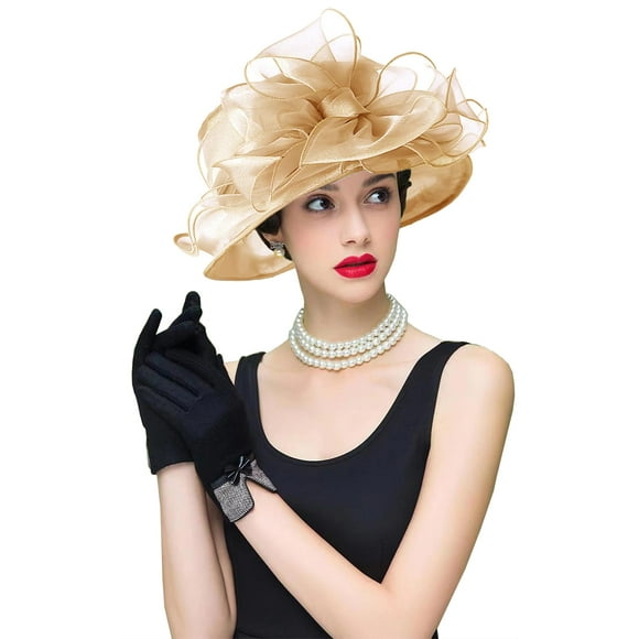 RZTA Sombrero de vestir de iglesia Kentucky Derby para mujer, ala ancha, flor de hoja, sombrero de despedida de soltera